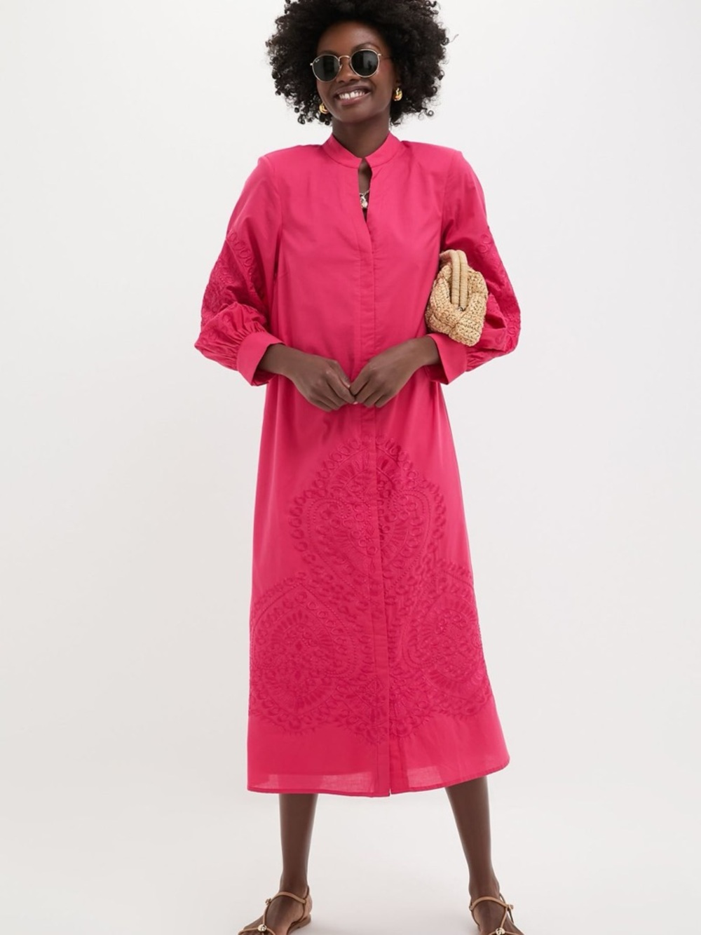 Embroidered Midi Dress in Hot Pink - Women
